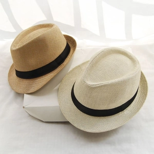 Classic straw fedora hat with black ribbon trim shown in light and dark beige colors