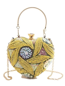 Olive green heart-shaped clutch bag with intricate gold bead and sequin embroidery details
