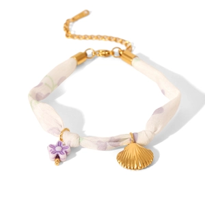 Floral fabric shell bracelet with gold shell charm and purple flower bead decoration
