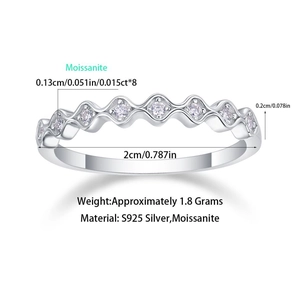 S925 sterling silver wavy moissanite ring showing detailed dimensions and 1.8g weight