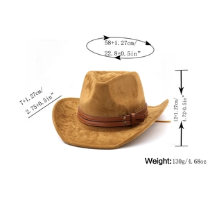 Detailed view of brown suede jazz hat with dimensions 12cm height and 7cm brim