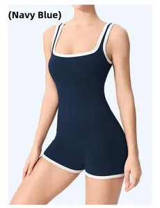 Ribbed navy blue bodysuit with white contrast piping and square neckline for yoga