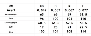 Size chart for floral organza shirt showing XS to L measurements and item weights