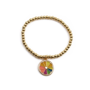 Golden beaded bracelet with a colorful rainbow orange slice pendant in drip oil style
