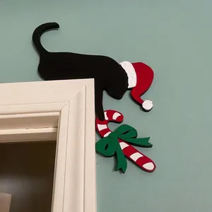 Christmas black cat door corner decoration with red hat and candy cane hanging silhouette