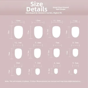 Detailed size chart for 24pcs short round press-on nails in 12 different dimensions