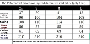 Detailed size chart for the elegant contrast bow layered shirt including measurements