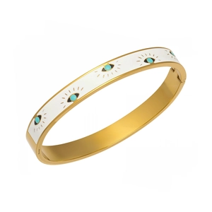 18k gold plated stainless steel hinge bangle with white enamel and evil eye motifs