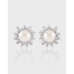 Natural Artificial Pearl Stud Earrings With 925 Sterling Silver Earring Post Irregular Lava Sunburst Design For Women Vintage Style