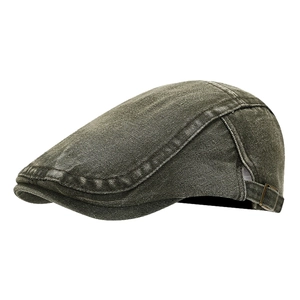 Vintage olive green washed cotton cadet cap with adjustable metal buckle on white background