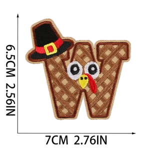 Close-up of Thanksgiving letter W turkey embroidery patch with size dimensions