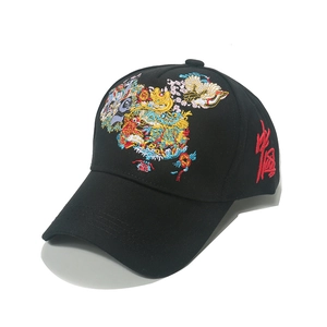 Black baseball cap with Chinese dragon embroidery and red side calligraphy on white background