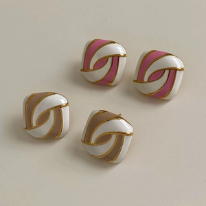 Elegant square macaron enamel stud earrings with golden geometric metal borders