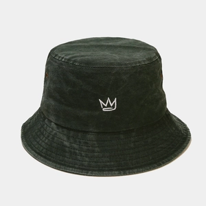 Close-up of crown embroidery on washed charcoal cotton bucket hat with vent holes