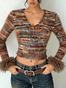 Slim fit V-neck cropped knit top with striped pattern and faux fur cuffs for women