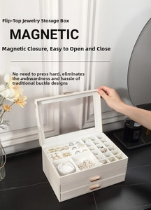 Detail of cream leather jewelry box showing magnetic closure and dual layer storage