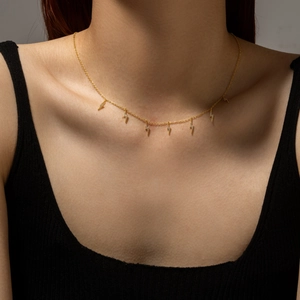 S925 Sterling silver gold lightning bolt pendant necklace with sparkling zircon stones