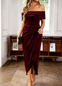 Elegant wine red velvet off-shoulder wrap dress with mid-calf length for a sophisticated look