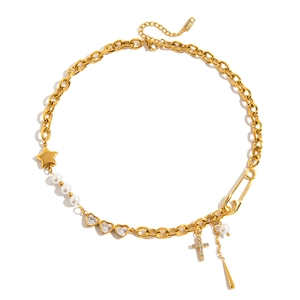 18K gold plated stainless steel necklace with pearls, heart zircon, star and cross pendants