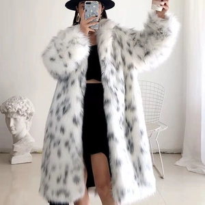 Manteau long en fausse fourrure pour femme à imprimé léopard lynx et col en fourrure