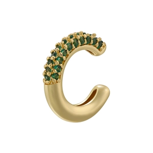 Detail of 18K gold-plated C-shape ear cuff with micro-paved emerald green crystals