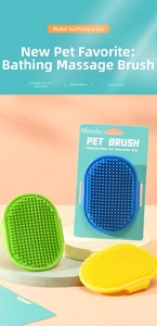 Macro shot of colorful silicone pet bath brushes in blue green and yellow on a round stand