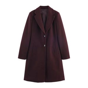 Elegant burgundy wool-like slim fit coat for women with classic lapel and double buttons