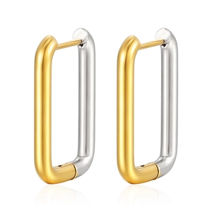 Two-tone rectangular stainless steel hoop earrings in gold and silver finish