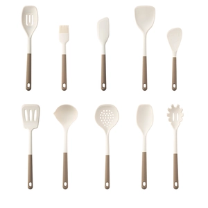10-piece heat-resistant silicone kitchen utensil set with wooden handles in cream white
