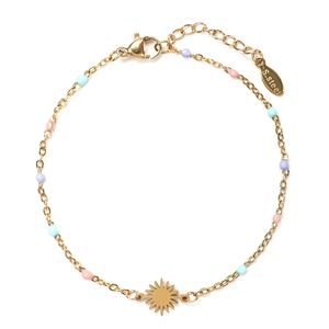 Close-up of golden stainless steel chain with colorful beads and sun pendant