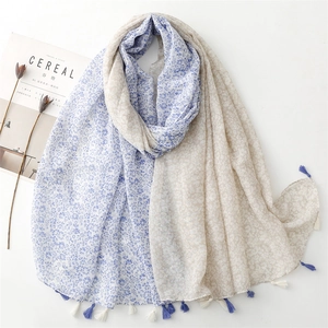 Women Floral Print Polyester Voile Scarf Shawl With Tassel Fringe Retro Pastoral Sunshade Wrap For Travel Beach Long