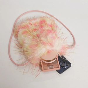 Faux fur peacock plush crossbody bag with pink and yellow feathers and thin strap