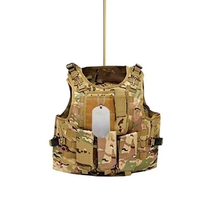 Flat acrylic tactical vest ornament with camouflage print and blank dog tag detail