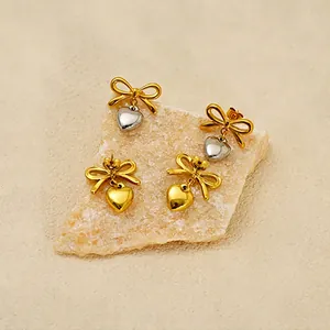 Bow Heart Stud Earrings 18k Gold Plated 304 Stainless Steel French INS Style Elegant Jewelry For Women