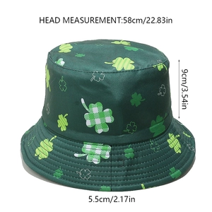 Detail showing St. Patrick's Day shamrock patterns and dimensions on green bucket hat