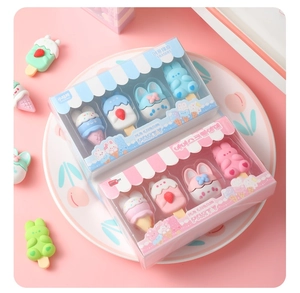 Detail of ice cream themed cartoon bunny erasers in blue and pink display boxes