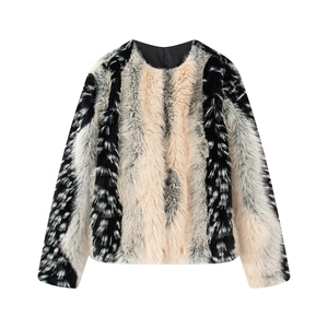Gestreifte Kunstpelzjacke Damen Mode Langarm Kurz Warm Übermantel Oberbekleidung Kunstfellmantel Französischer Stil