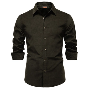 Camicia classica da uomo in velluto a coste oliva con colletto a rever stile casual