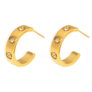 Minimalist 18K gold plated C-shaped earrings with three circular inlaid zircons