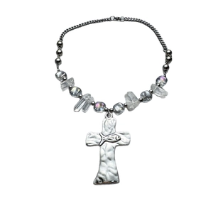 Cross pendant necklace with crystal beads and hammered metal Jesus fish symbol charm