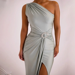 Elegant silver grey one shoulder maxi dress with side slit and rhinestone buckle
