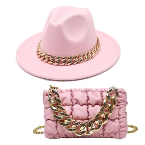 Pink wide brim fedora hat and quilted cloud bag set with chunky gold chains