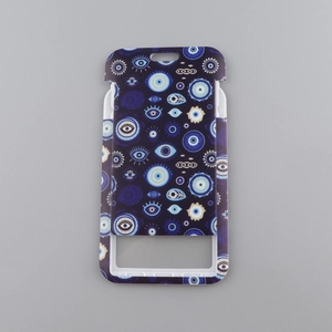 Dark blue Evil Eye pattern phone case card holder with a sliding cover mechanism