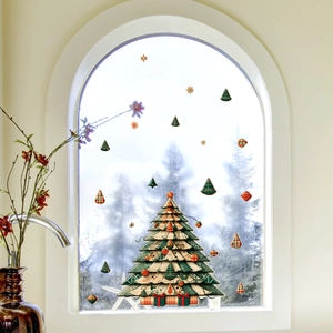 Christmas tree window decals with snowflakes and gift boxes for festive home decoration