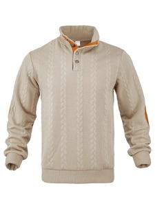Detail of khaki knit texture and orange piping on men's jacquard henley shirt