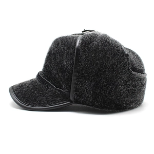 Mens thick winter faux fur flat top hat with ear flaps and visor in black finish