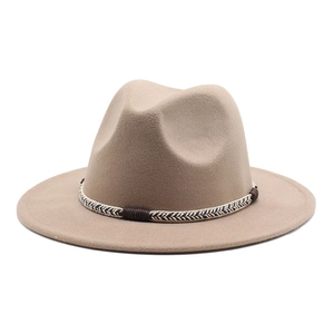 Classic light khaki wool felt fedora hat with a monochrome woven band and wide brim