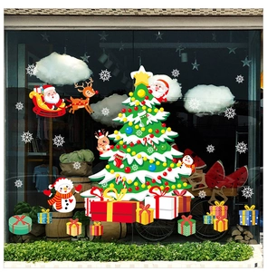 Festive Christmas tree window stickers with Santa Claus and reindeer for shop decoration