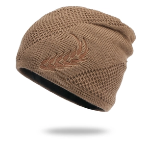 Brown knit beanie with laurel leaf embroidery and warm fleece lining for winter wear