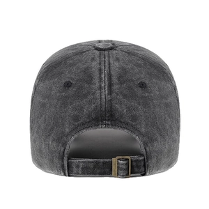 Unisex dark grey washed cotton baseball cap with adjustable metal buckle back view